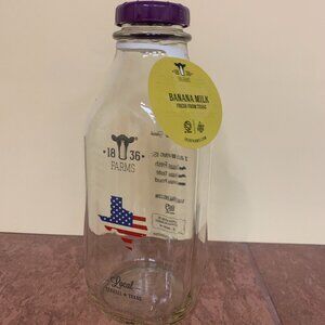 BOTTLE - 32oz 1836 FARMS glass milk bottle purple cap Terrell Texas, FLAG 10"